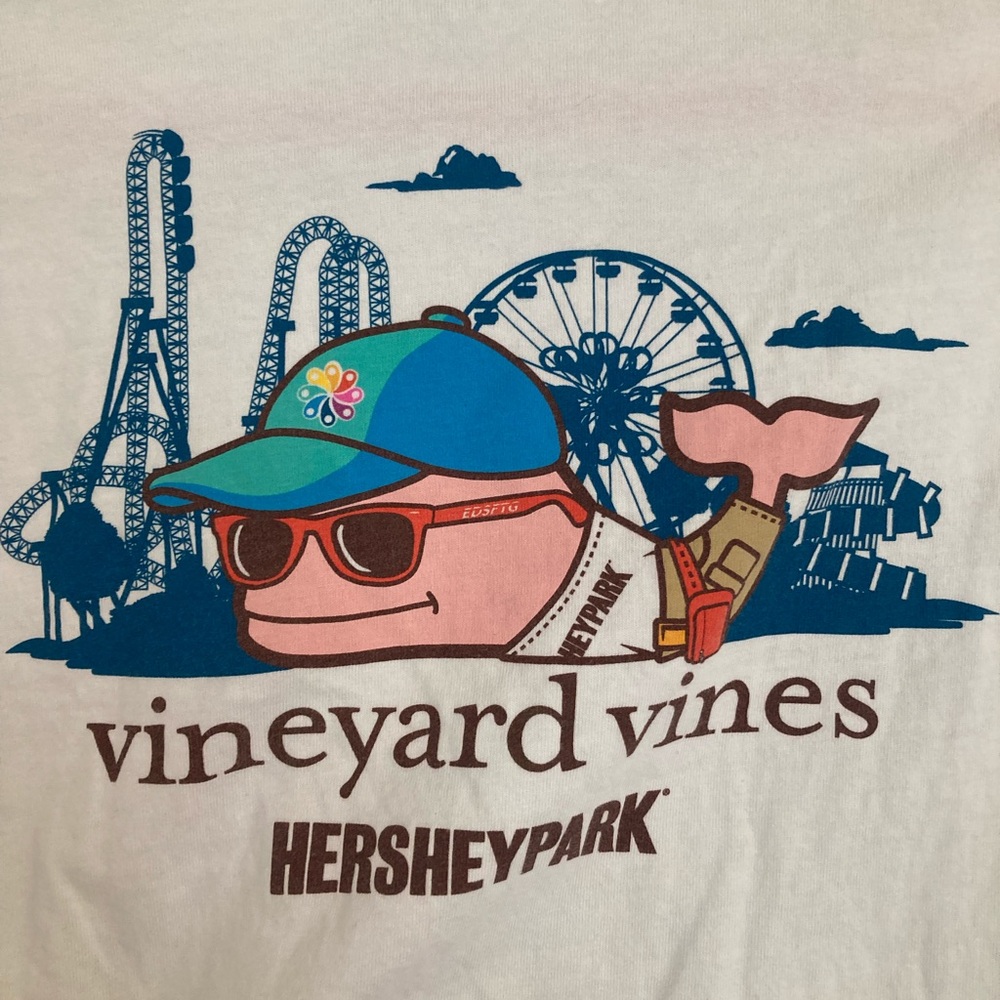 Vineyard Vines Hersey Park White Tee with Colorful Whale Graphic